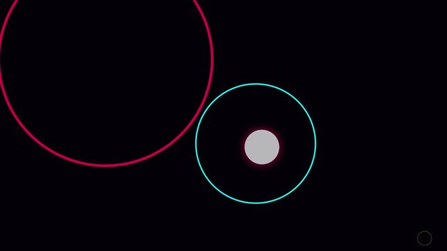 Abstract motion with glowing neon circles and pulsing light orbs on animation 4k black background, motion neon