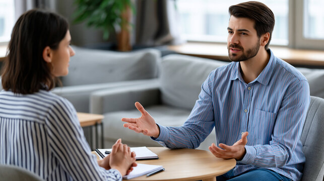 Faceless professionals gesturing in bright modern therapy meeting room during conversation with notebook