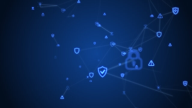 Abstract blue cybersecurity network concept background featuring glowing lock icons, data protection shields, threat warning signs, and futuristic interconnected digital cloud technology nodes
