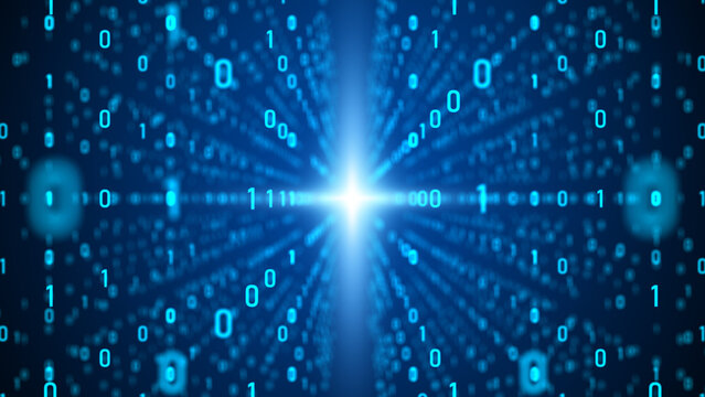 Abstract blue digital binary code tunnel background featuring glowing light, biometric security data processing, cyber access concept, futuristic network technology and digital information systems