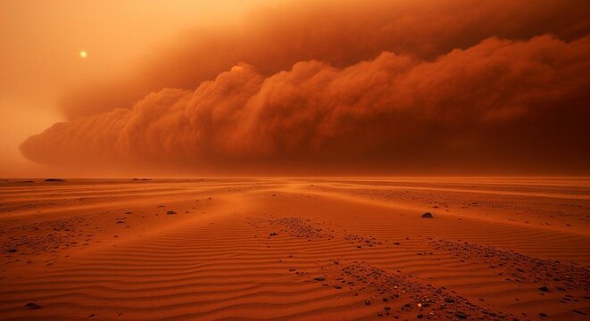 Dramatic Dust Storm Sweeping Over An Arid Orange Desert Landscape