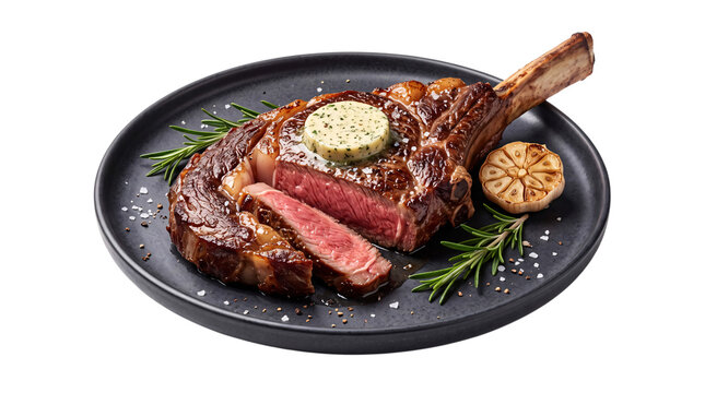 Juicy tomahawk steak with herb butter, garlic, and png isolated on transparent background
