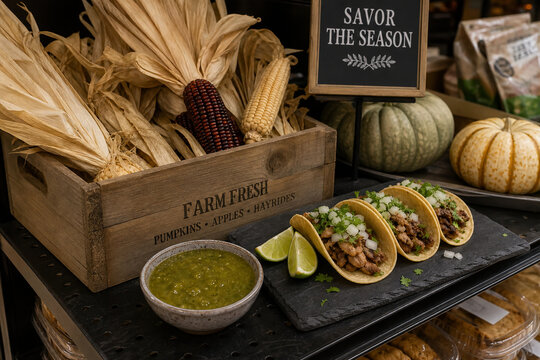 Wooden crate with corn husks, salsa verde and tacos on slate board, seasonal cuisine retail display