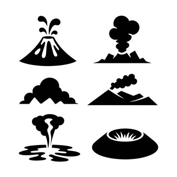 Collection of volcanic eruptions and lava flows. Diverse volcanic activity illustrations for educational and scientific use