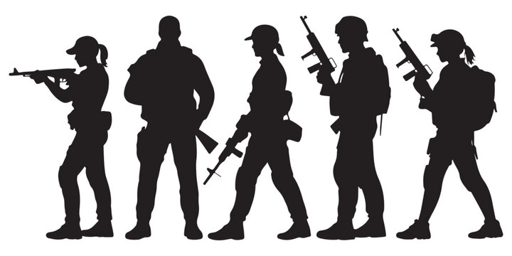Military personnel silhouettes featuring diverse soldiers in full tactical gear holding firearms during combat mission and field operation.