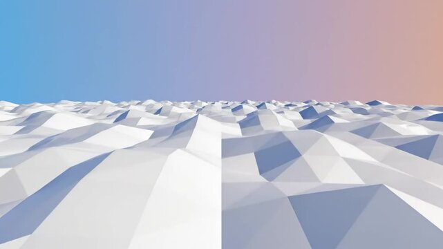 Low poly white landscape with geometric shapes under blue, purple, and orange gradient sky
