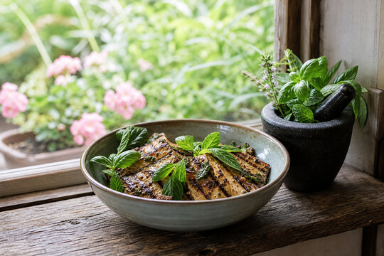 Window sill with glazed bowl of marinated grilled tofu, fresh herbs, mortar, rustic wood, World Vegetarian Day plant-based eating concept