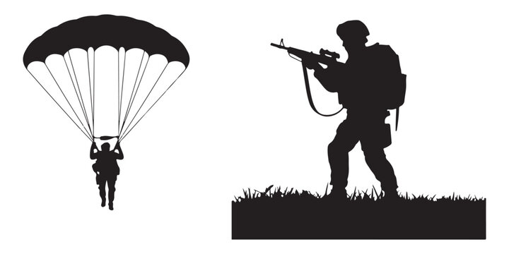Set of two military icons showing paratrooper falling with parachute and soldier aiming rifle in grass field for defense force projects.