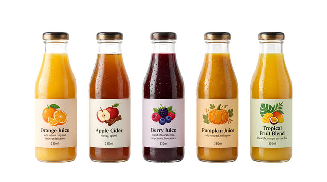 Assorted fruit juice bottles with labels on wooden board autumn theme.