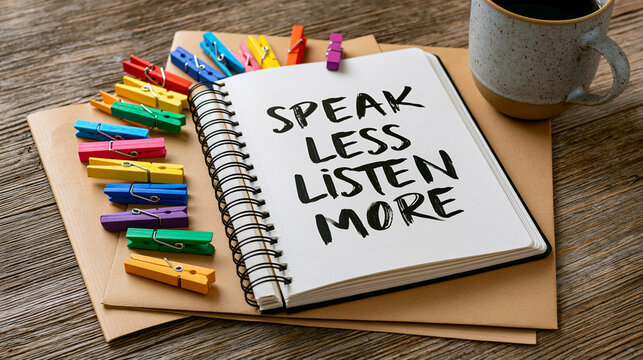 Handwritten speak less listen more message in open notebook flat lay on bright wooden desk with natural daylight