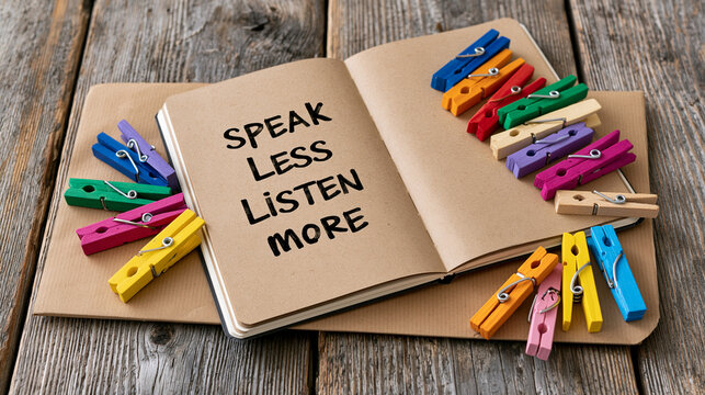 Flat lay of open notebook with handwritten speak less listen more note and colorful clothespins on a brown paper pad in natural daylight