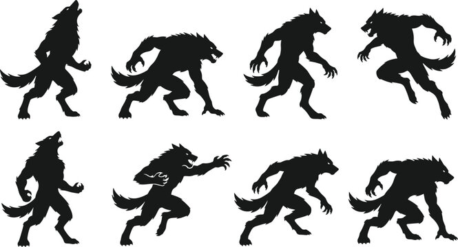 Set of eight black silhouette of werewolves in various aggressive poses and actions
