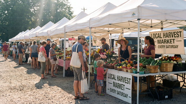 Busy farmers market with white tents fresh produce vendors and shoppers on dirt path