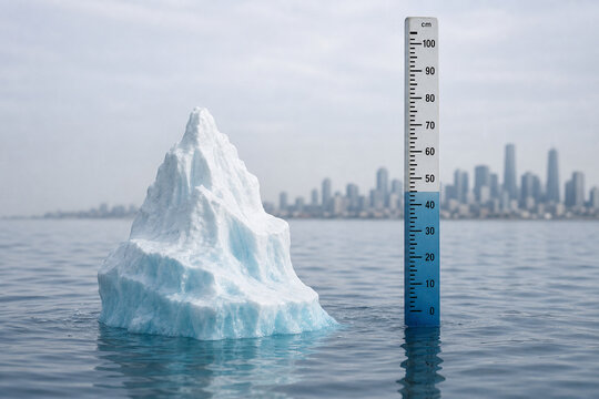 Melting iceberg model with water measuring pole, sea level rise and climate awareness concept.