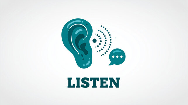 Minimalist teal ear icon with dotted sound wave lines and speech bubble, listen word on bright white background for hearing and audio awareness
