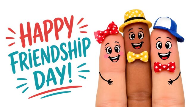 Group of Hands Celebrating Friendship Day with Smiley Faces and Party Hats Illustration