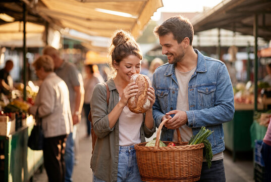Happy couple smelling fresh bakery bread while shopping at outdoor market aisle