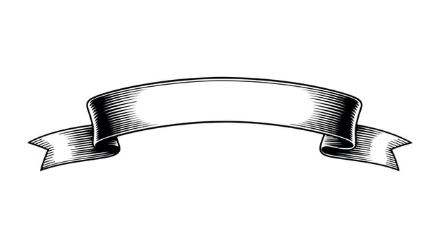Black and white ribbon banner scroll isolated on white background vintage engraving style.
