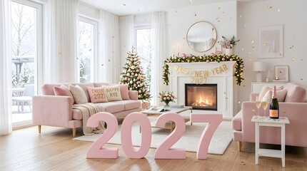 Obraz premium Elegant living room interior decorated for christmas with large pink number balloons for new year 2027