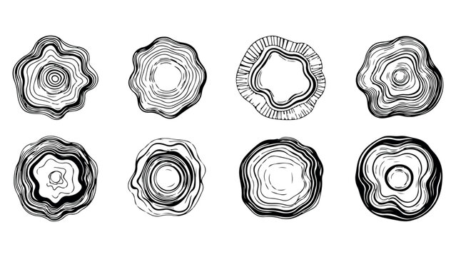 Set of eight tree rings, hand drawn doodle tree trunk cross section wood annual rings.