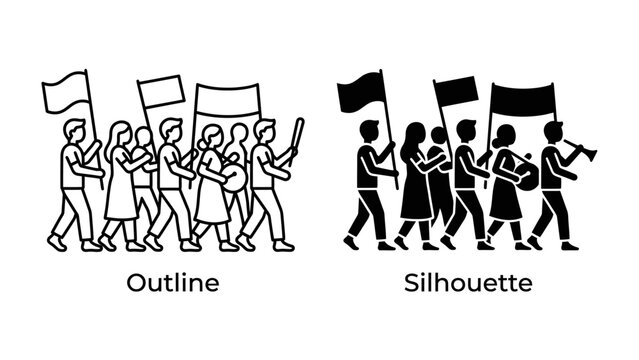 Protest March and Band: A graphic representation of a marching procession featuring individuals holding flags, playing drums, and a trumpet player, shown in both outline and silhouette styles.