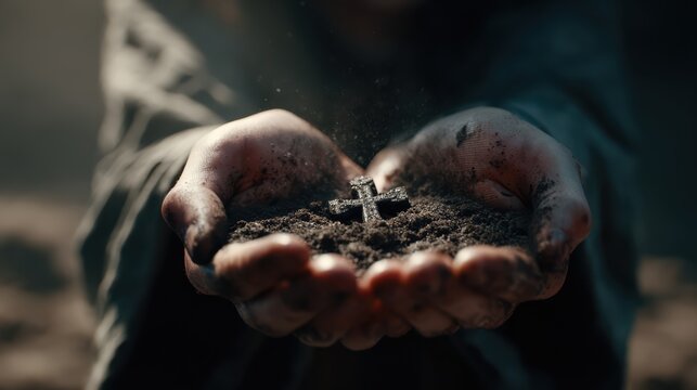 Close-up of hands holding ashes, child waiting for cross on forehead, soft dramatic lighting, cinematic realism