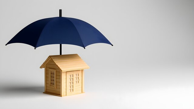 Umbrella protecting a small house model, insurance and security concept