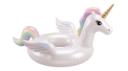 Pearlescent white unicorn pool float with rainbow png isolated on transparent background © PNG Studio 99