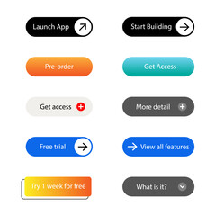 Fototapeta premium A clean collection of modern call-to-action buttons featuring rounded shapes, bold typography, arrows, plus icons, gradients, and neutral colors for websites, apps, landing pages, and UI design kits.