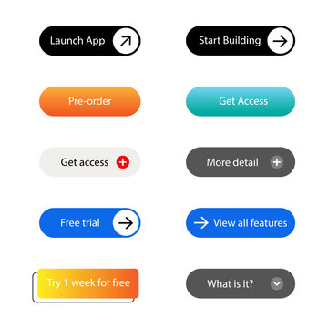 A clean collection of modern call-to-action buttons featuring rounded shapes, bold typography, arrows, plus icons, gradients, and neutral colors for websites, apps, landing pages, and UI design kits.