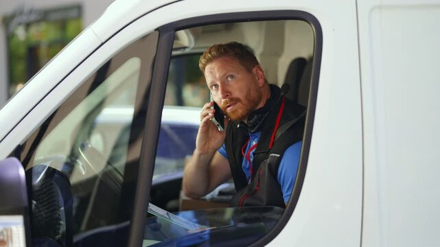 A driver sits in a parked van in a busy city. He looks at his phone and holds a clipboard in his other hand. Other vehicles and people are seen outside.