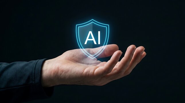 Hand holding glowing AI shield icon. Artificial intelligence security and data protection.