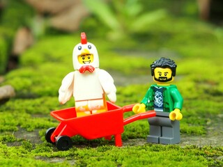 Fototapeta premium Indonesia - January 4, 2026 : Mini toy of action figure at outdoor with blur background. Miniature photography concept design. Minifigure of farmer with chicken at red wheelbarrow. Agriculture theme.