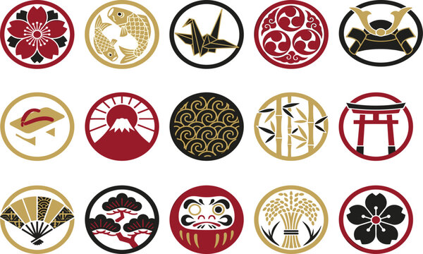 Collection of traditional Japanese cultural symbols and kamon crest icons isolated on white background