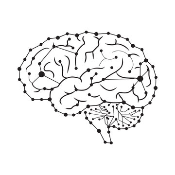 Brain with network connections black line drawing on white background