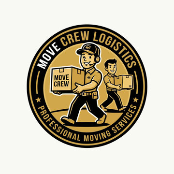Professional Move Crew Logistics Logo Design Featuring Workers Carrying Cardboard Boxes in a Circle