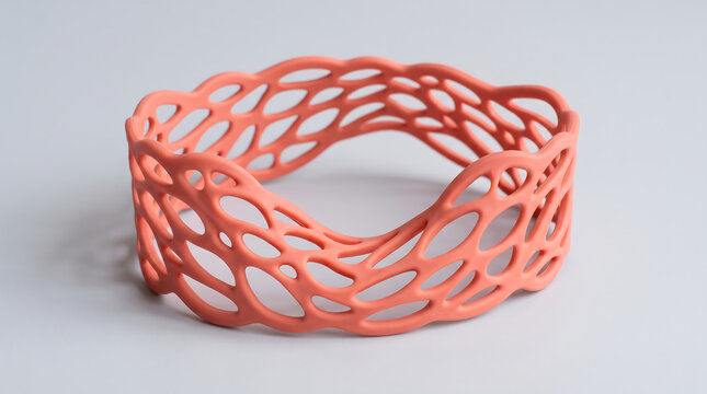 Coral pink 3D printed geometric bracelet with a porous organic lattice design on a light background