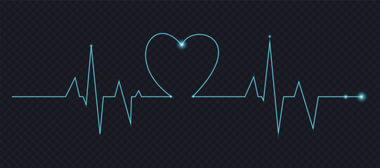 Obraz premium Glowing cyan heartbeat pulse trace forming heart shape symbol. Concept illustration for hospital cardiology research medicine emergency healthcare and life vitality.