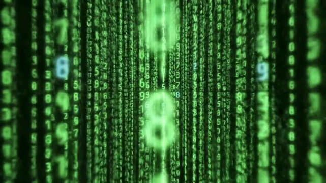 Green digital matrix code falling background