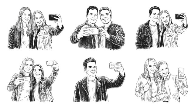 Collage of Sketches of People Taking Selfies vector