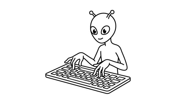 Alien character typing on a computer keyboard line art