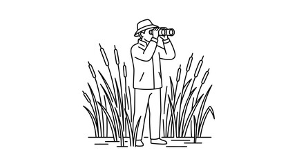 Naklejka premium Birdwatcher observing nature with binoculars in tall grass.