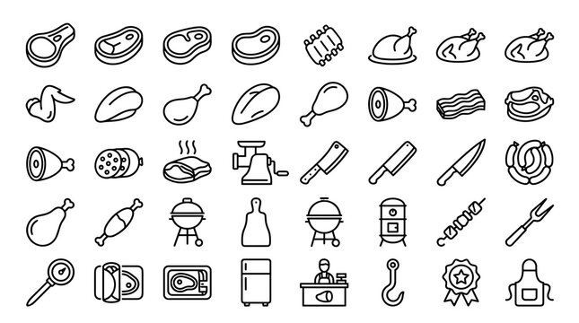 Modern Meat Line Icon Collection Featuring Butcher, Beef, Poultry, Barbecue, Sausages, and Editable Stroke Vector Symbols