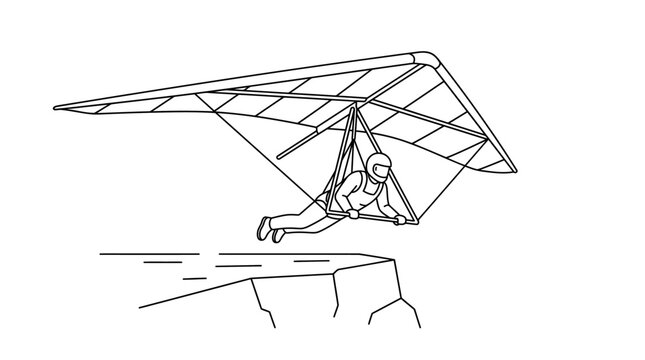 Line drawing of a person hang gliding off cliff.