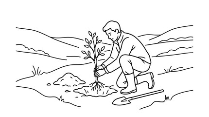 Obraz premium Man planting young tree sapling line art.