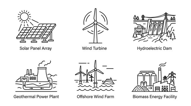 Renewable Energy Icons Set with Green Power Infrastructure