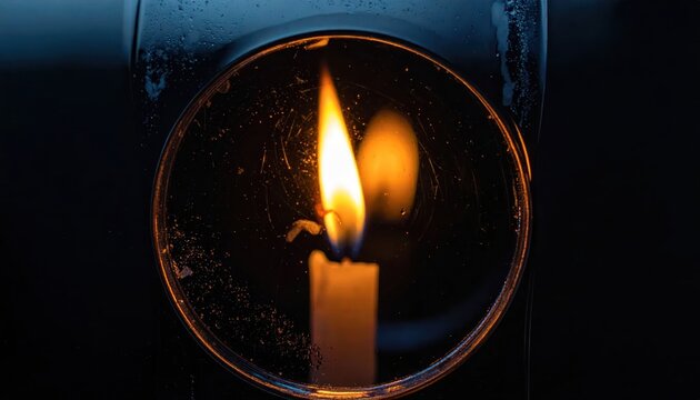 Close-up of a lit candle flame inside a glass enclosure, creating a warm, intimate atmosphere in the dark.