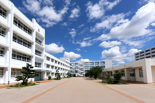 日中の学校広々とした白い校舎と青空の校庭