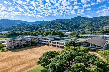 Naklejka premium 青空の下広がる日本の学校グラウンドと校舎全景