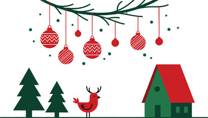 Illustration of festive holiday elements including a decorated garland, house, trees, and reindeer © md